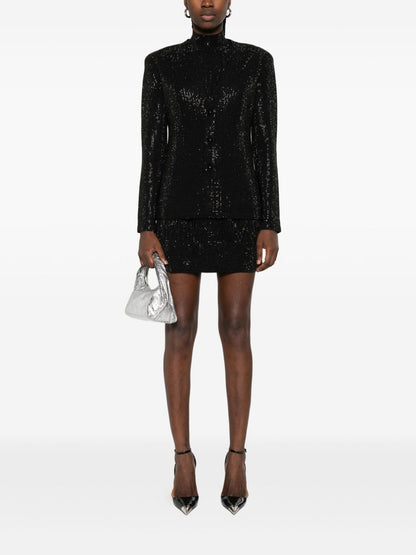 Emporio Armani Single-Breasted Sequin Embellished Wool-Blend Jacket Black Black