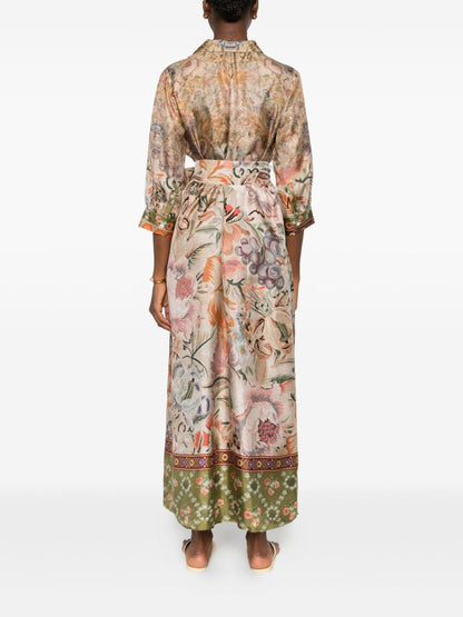 Pierre Louis Mascia Floral Silk Belted Midi Dress Beige