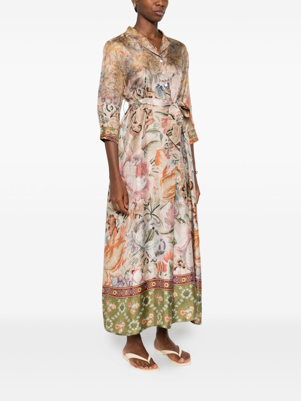 Pierre Louis Mascia Floral Silk Belted Midi Dress Beige