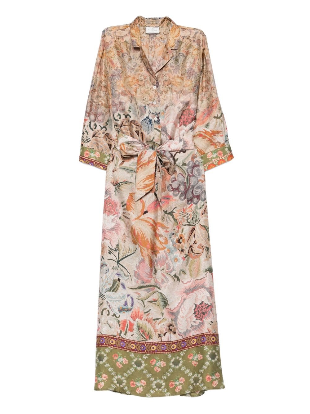 Pierre Louis Mascia Floral Silk Belted Midi Dress Beige