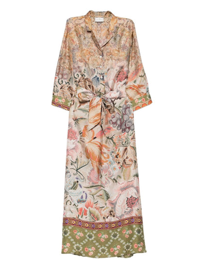 Pierre Louis Mascia Floral Silk Belted Midi Dress Beige