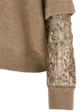 Brunello Cucinelli Cashmere Tulle-Insert Sequin Embellished Turtleneck Sweater Brown