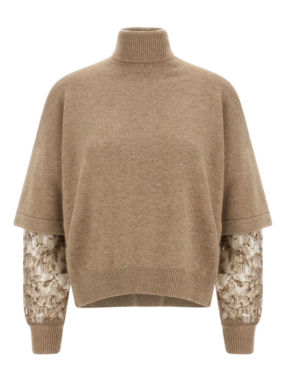 Brunello Cucinelli Cashmere Tulle-Insert Sequin Embellished Turtleneck Sweater Brown