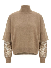 Brunello Cucinelli Cashmere Tulle-Insert Sequin Embellished Turtleneck Sweater Brown