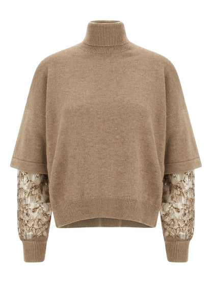Brunello Cucinelli Cashmere Tulle-Insert Sequin Embellished Turtleneck Sweater Brown