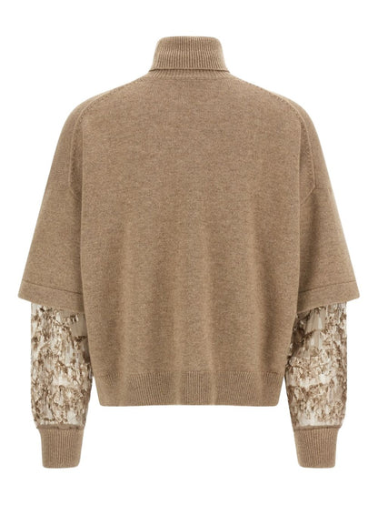 Brunello Cucinelli Cashmere Tulle-Insert Sequin Embellished Turtleneck Sweater Brown