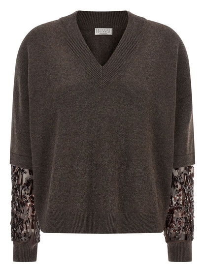 Brunello Cucinelli V-Neck Silk-Cashmere Sweater Brown Brown