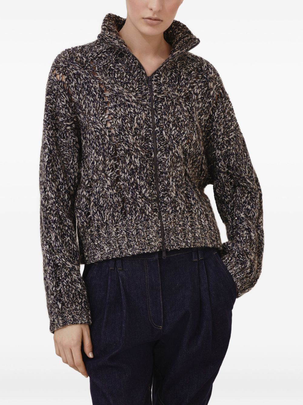 Brunello Cucinelli Wool Zipped Cardigan with Stand Collar Blue
