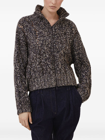 Brunello Cucinelli Wool Zipped Cardigan with Stand Collar Blue
