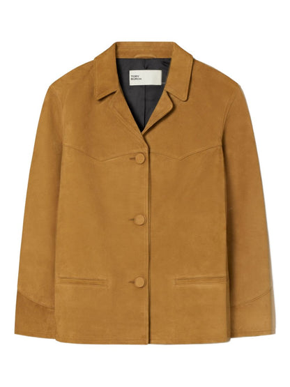 Tory Burch Suede Blazer Jacket with Revere Collar Leather Brown