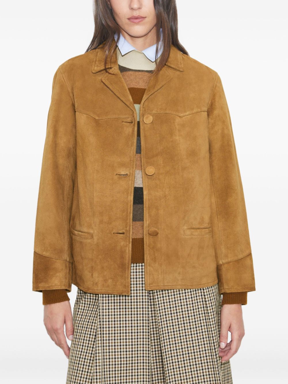 Tory Burch Suede Blazer Jacket with Revere Collar Leather Brown