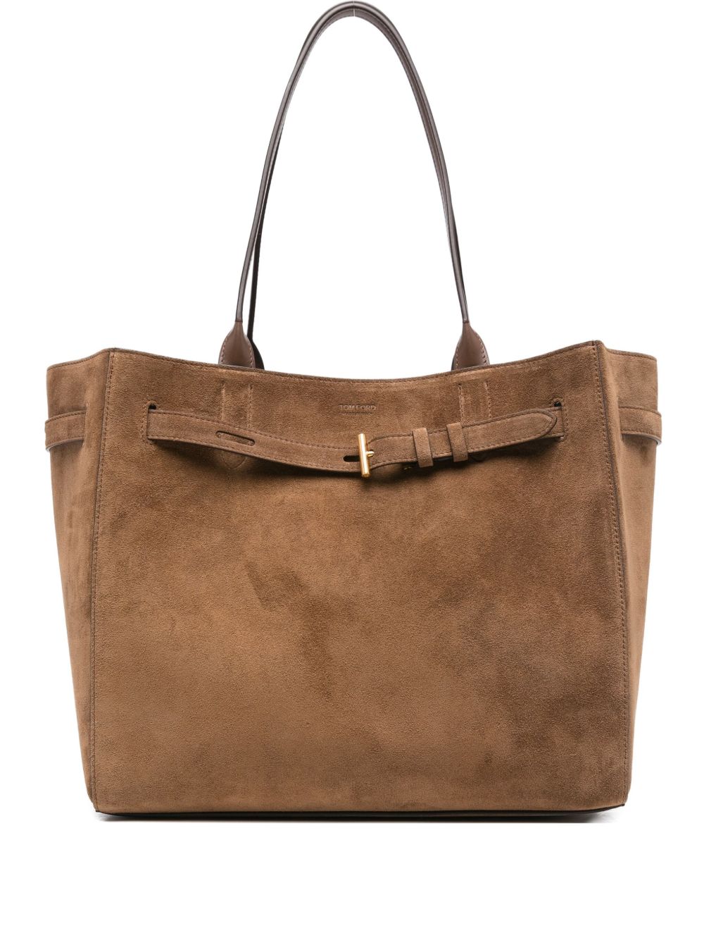 Tom Ford Medium Brown Suede Shopper Bag with Gold-Tone T Detail Brown