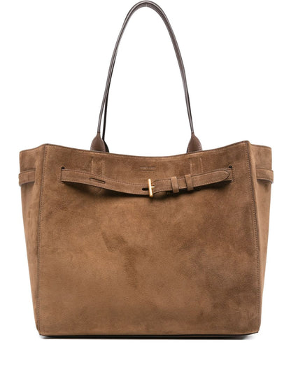 Tom Ford Medium Brown Suede Shopper Bag with Gold-Tone T Detail Brown