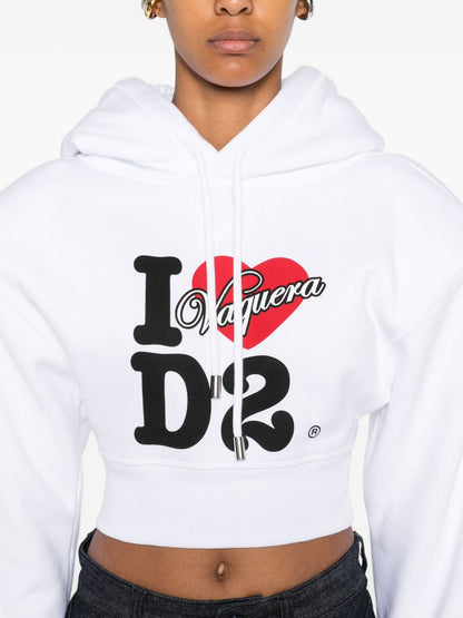Dsquared2 Graphic Logo Cotton Cropped Hoodie White White