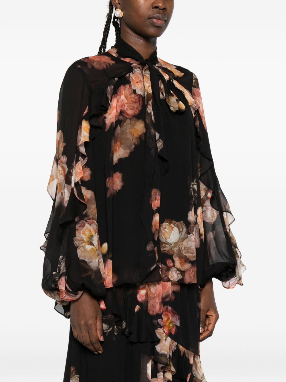 Zimmermann Floral-Print Ruffled Long-Sleeve Shirt Black