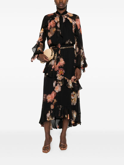 Zimmermann Floral-Print Ruffled Long-Sleeve Shirt Black