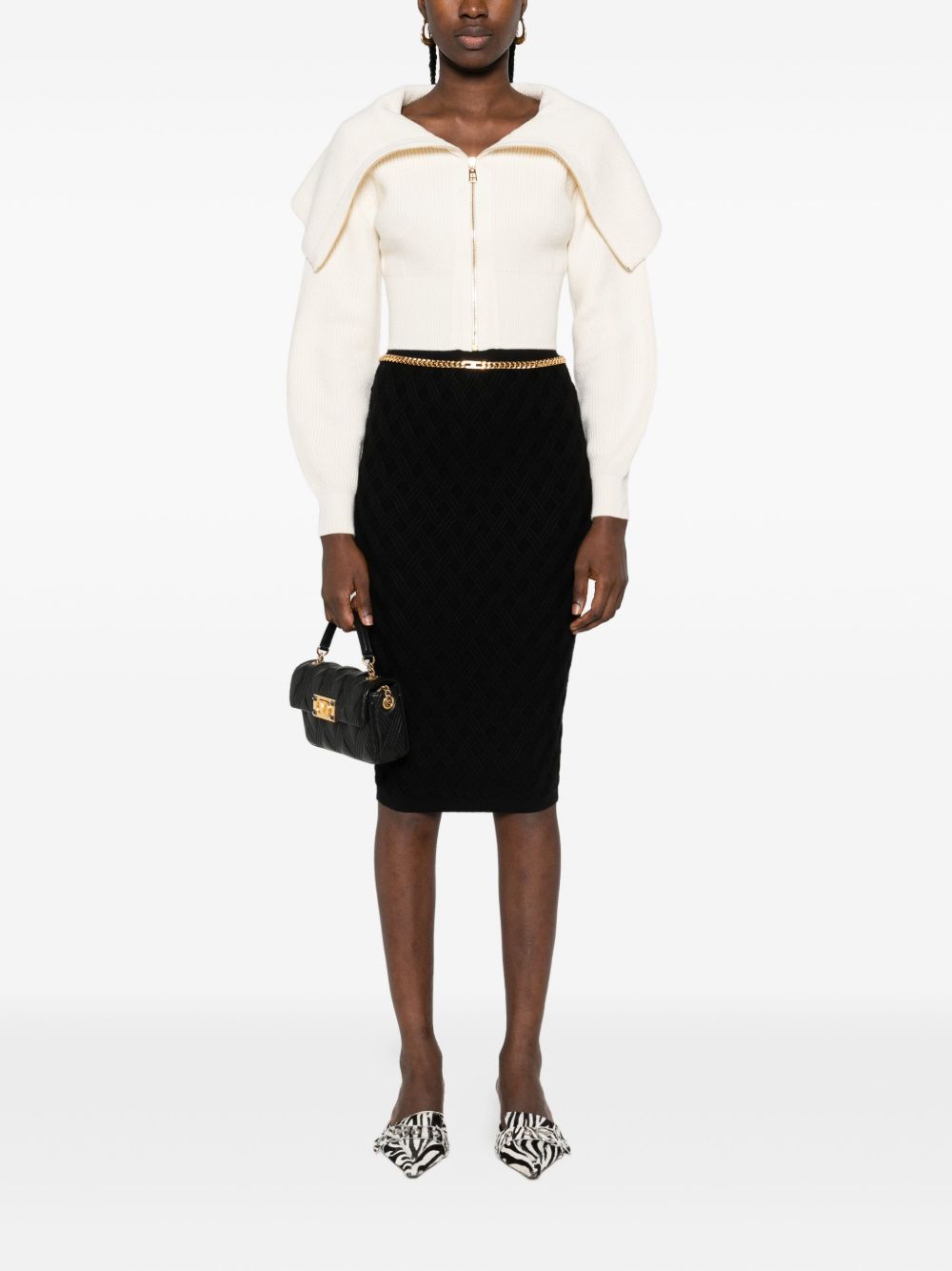 Elisabetta Franchi Geometric Chain-Belt Ribbed Midi Skirt Black Black