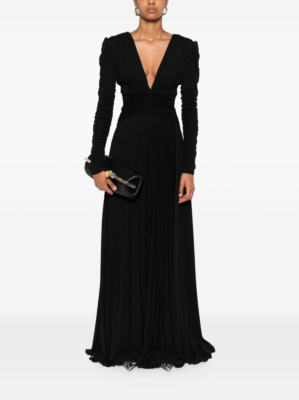 Elisabetta Franchi Long Pleated V-Neck Dress with Gold Chain Black