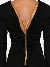 Elisabetta Franchi Long Pleated V-Neck Dress with Gold Chain Black
