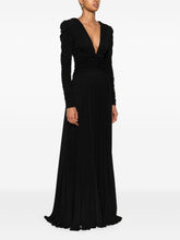 Elisabetta Franchi Long Pleated V-Neck Dress with Gold Chain Black