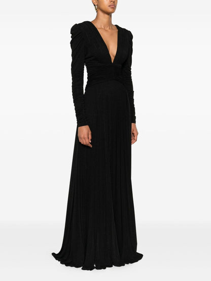 Elisabetta Franchi Long Pleated V-Neck Dress with Gold Chain Black