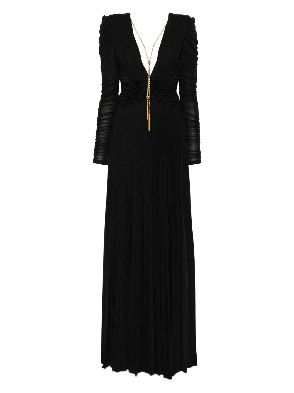 Elisabetta Franchi Long Pleated V-Neck Dress with Gold Chain Black