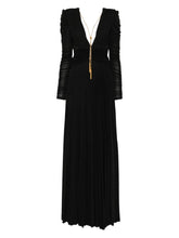 Elisabetta Franchi Long Pleated V-Neck Dress with Gold Chain Black
