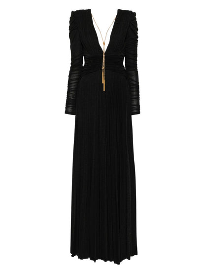 Elisabetta Franchi Long Pleated V-Neck Dress with Gold Chain Black