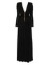 Elisabetta Franchi Long Pleated V-Neck Dress with Gold Chain Black