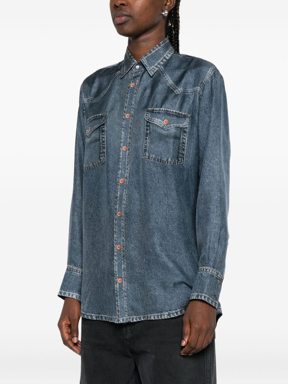 Pierre Louis Mascia Denim Print Silk Shirt Blue