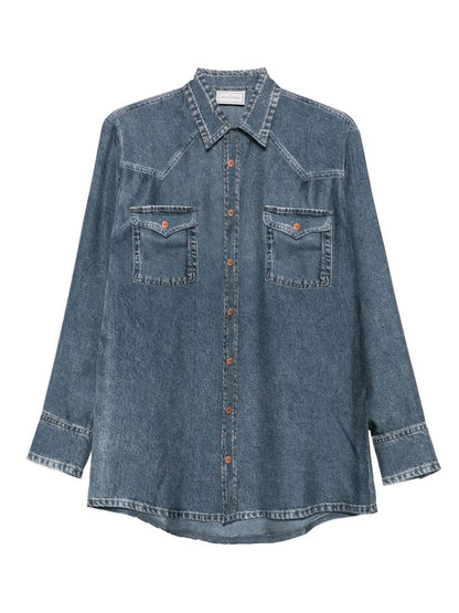 Pierre Louis Mascia Denim Print Silk Shirt Blue
