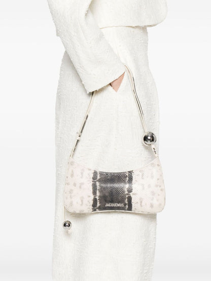 Jacquemus The Bisou Perle Ball-Embellished Curved Leather Shoulder Bag Beige