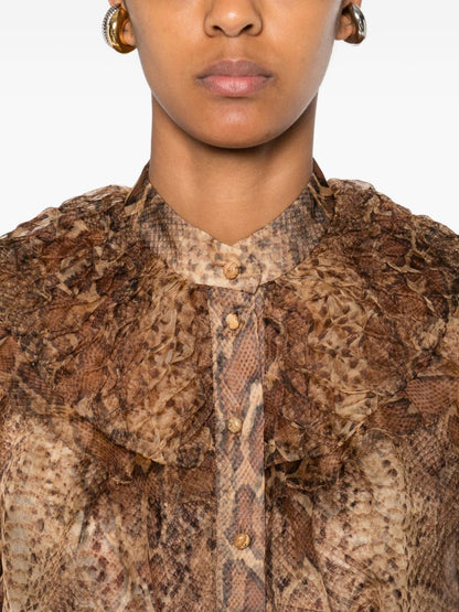 Zimmermann Snake-Print Silk Shirt with Ruffled Collar Brown