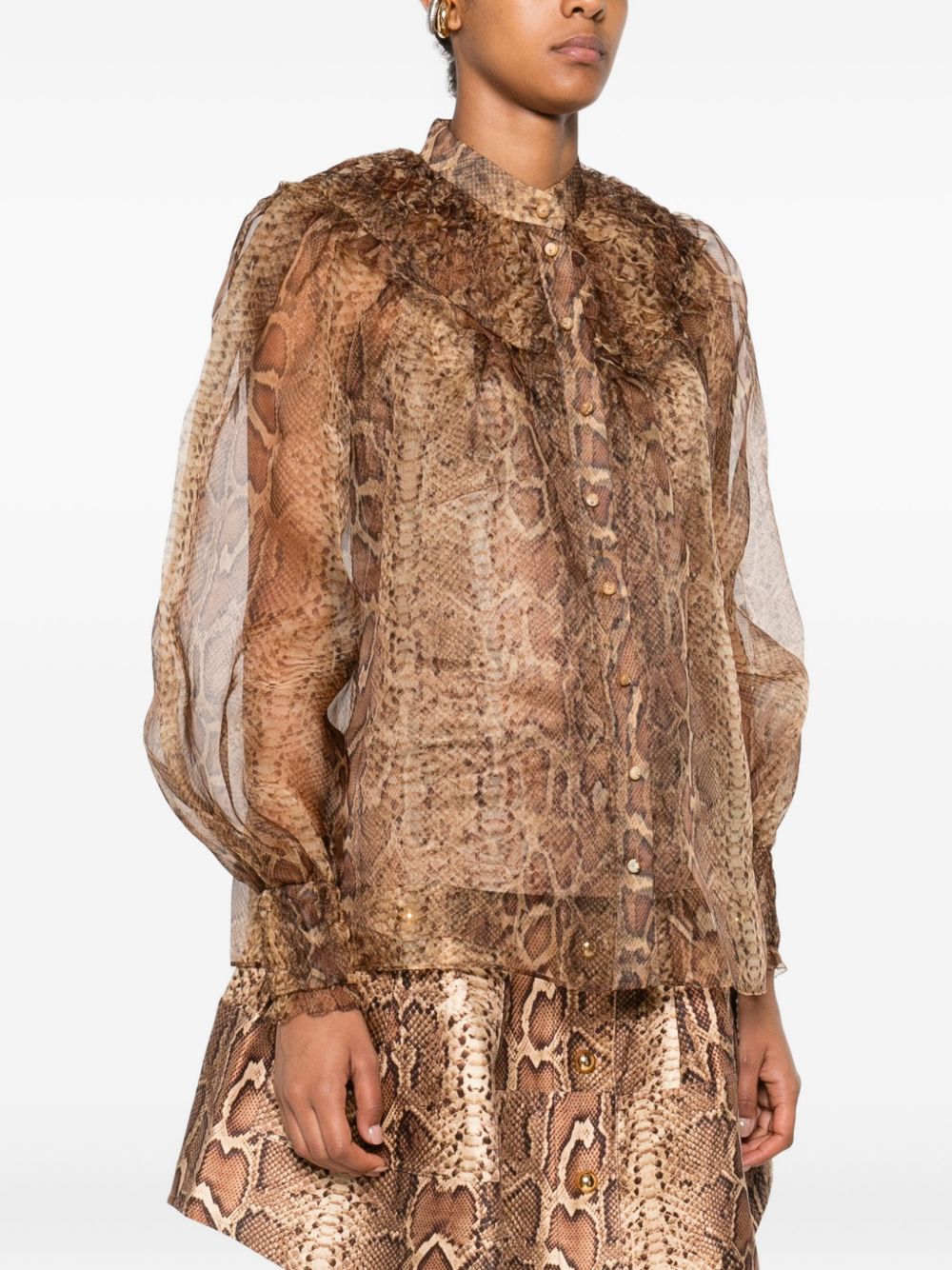 Zimmermann Snake-Print Silk Shirt with Ruffled Collar Brown