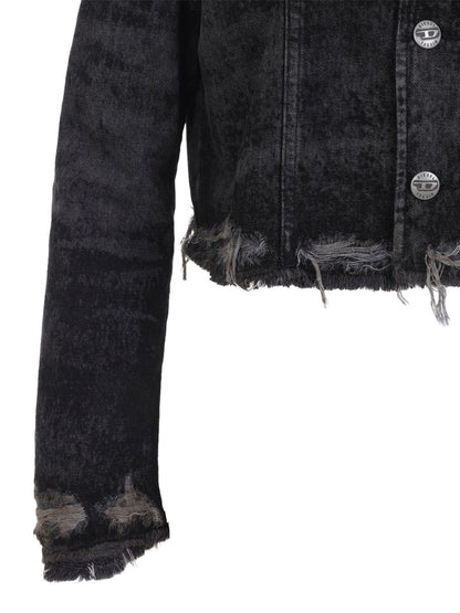 Diesel Denim Cotton Jacket with Frayed Edges Black