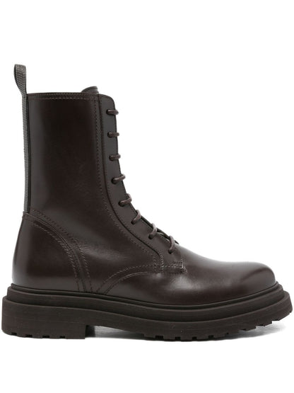 Brunello Cucinelli Lace-Up Leather Biker Boots Brown