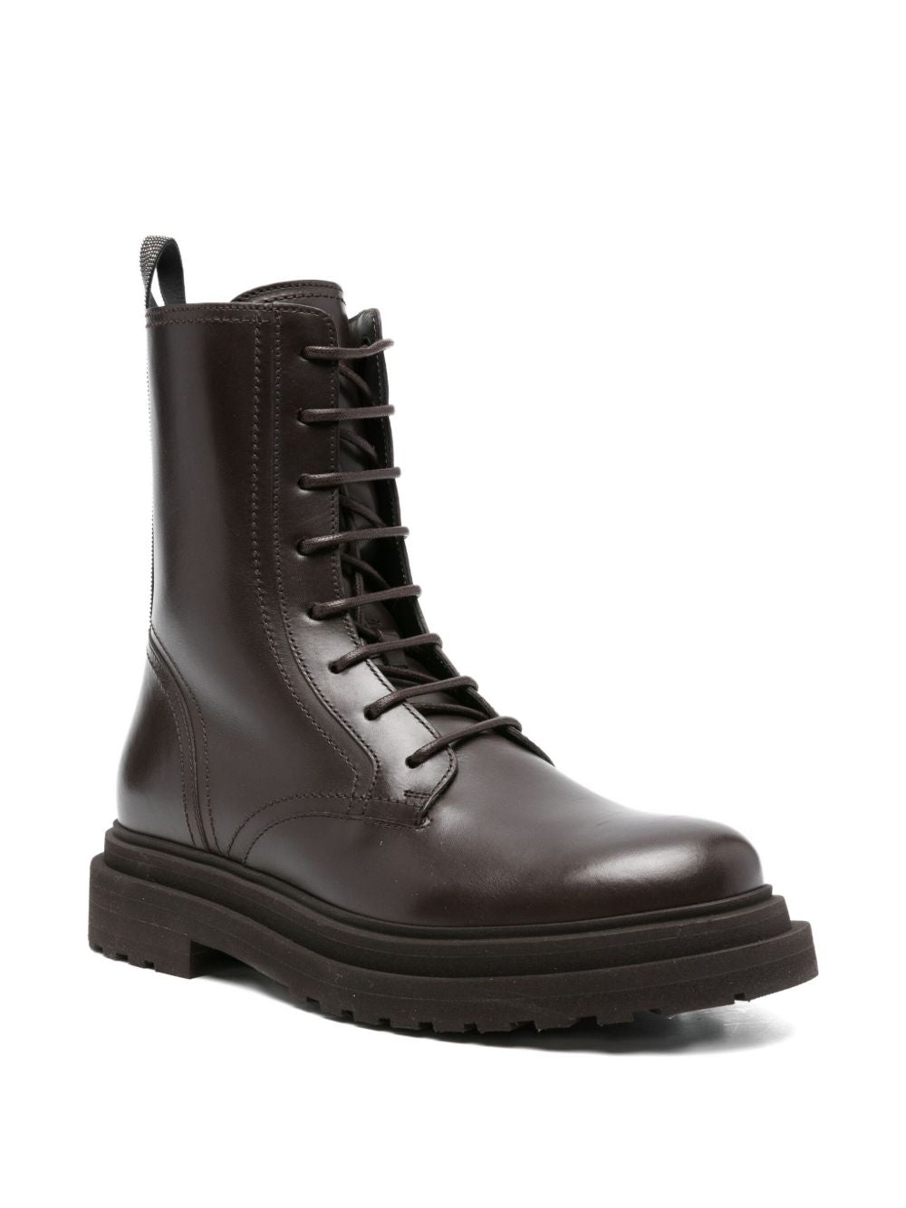 Brunello Cucinelli Lace-Up Leather Biker Boots Brown