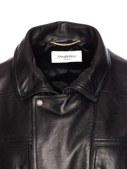 Saint Laurent Lambskin Leather High-Neck Jacket Black
