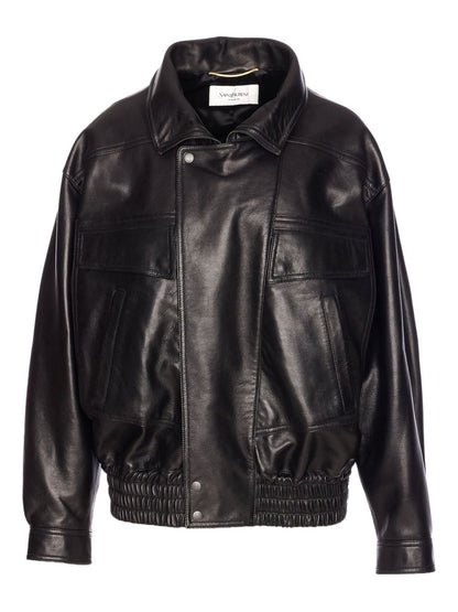 Saint Laurent Lambskin Leather High-Neck Jacket Black
