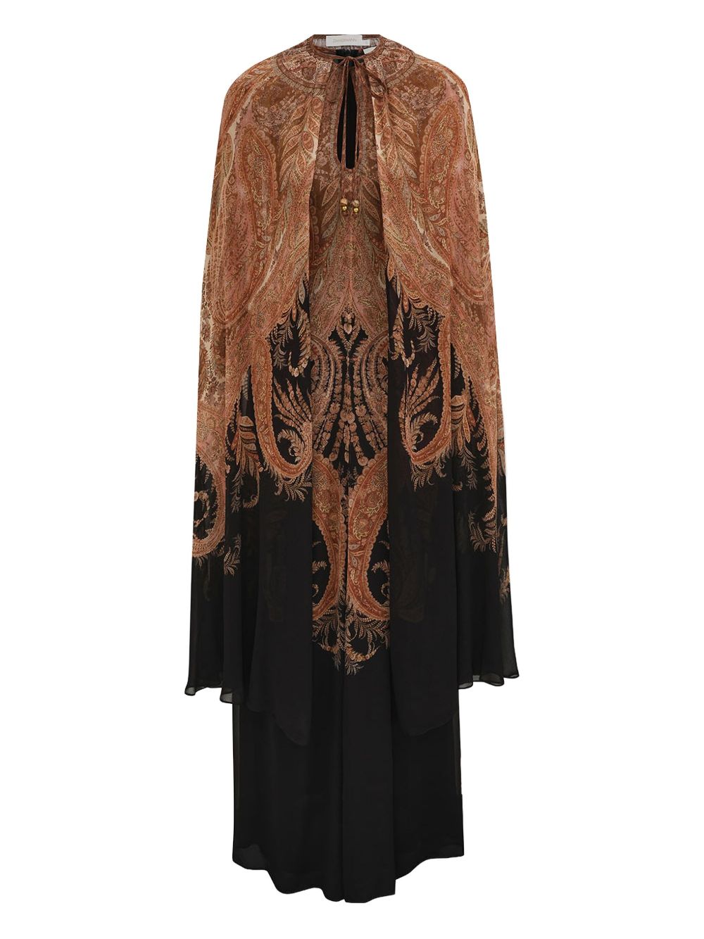 Zimmermann Paisley Print Viscose Tiered Cape-Sleeve Dress Black