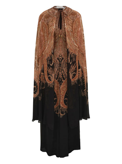 Zimmermann Paisley Print Viscose Tiered Cape-Sleeve Dress Black