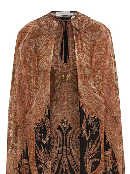 Zimmermann Paisley Print Viscose Tiered Cape-Sleeve Dress Black