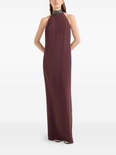Brunello Cucinelli Silk-Blend Embellished Halterneck Maxi Dress Bordeaux