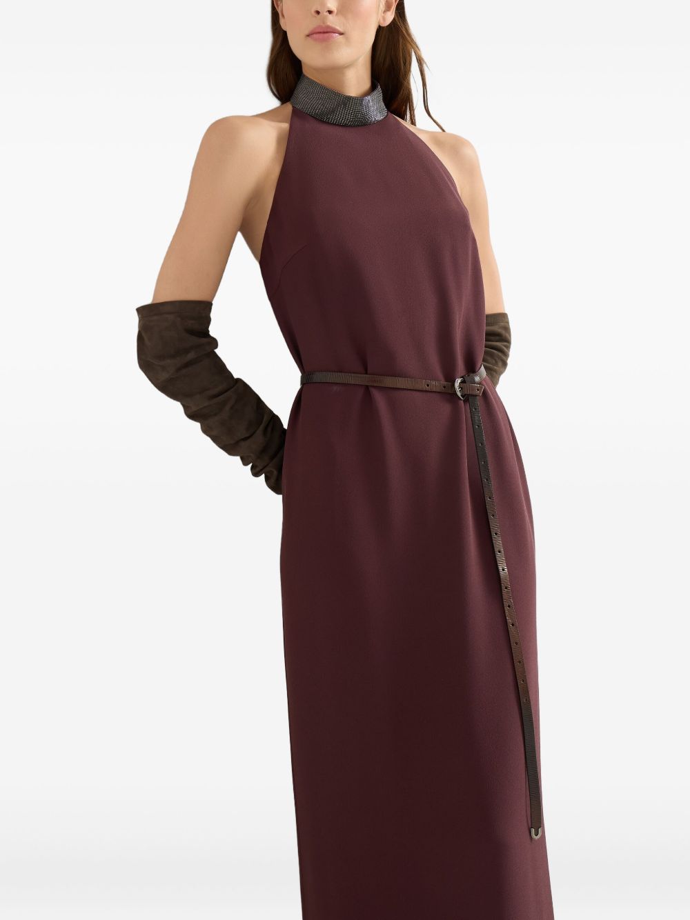 Brunello Cucinelli Silk-Blend Embellished Halterneck Maxi Dress Bordeaux