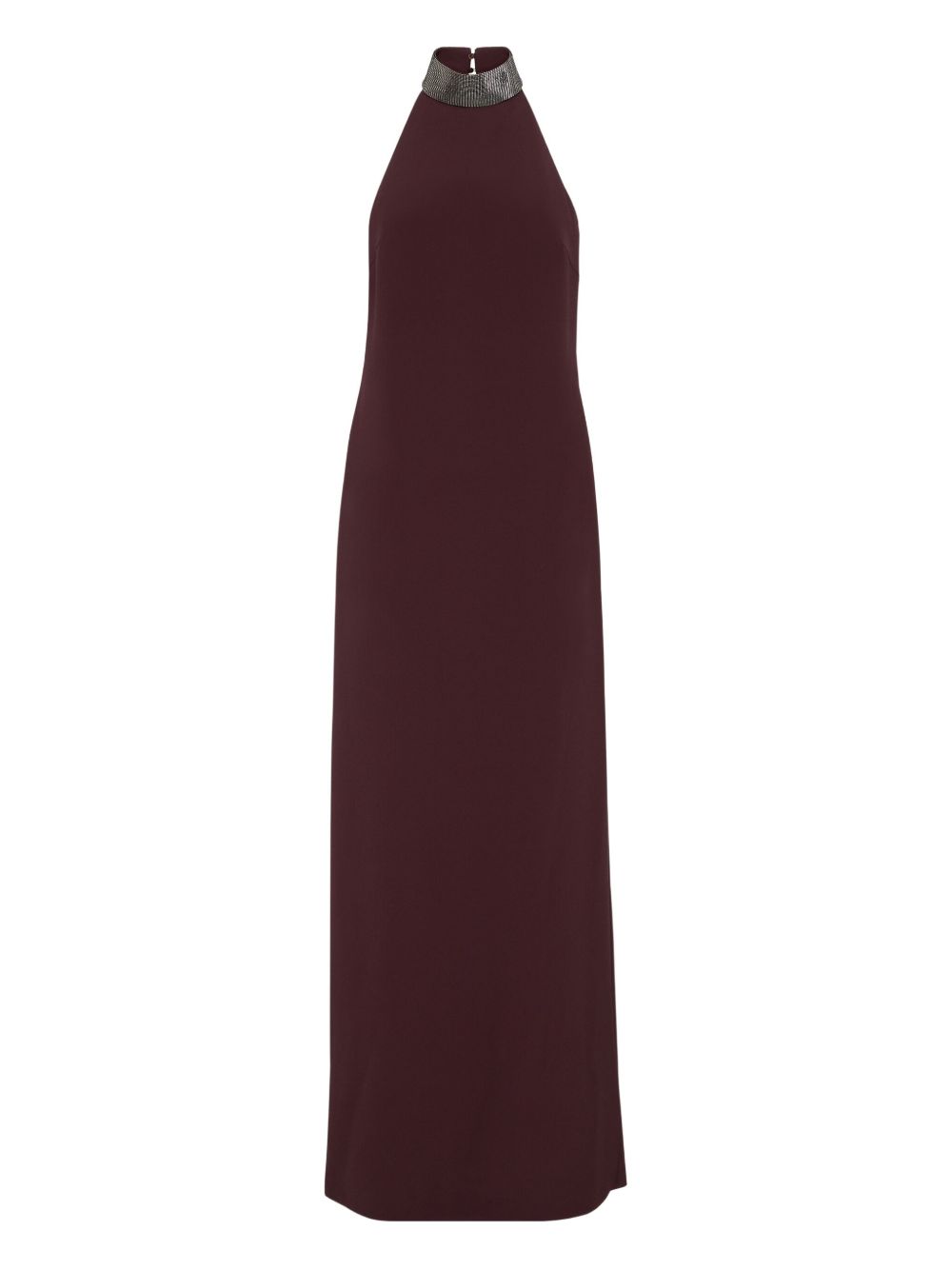 Brunello Cucinelli Silk-Blend Embellished Halterneck Maxi Dress Bordeaux