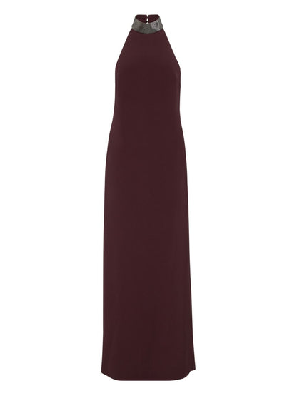 Brunello Cucinelli Silk-Blend Embellished Halterneck Maxi Dress Bordeaux