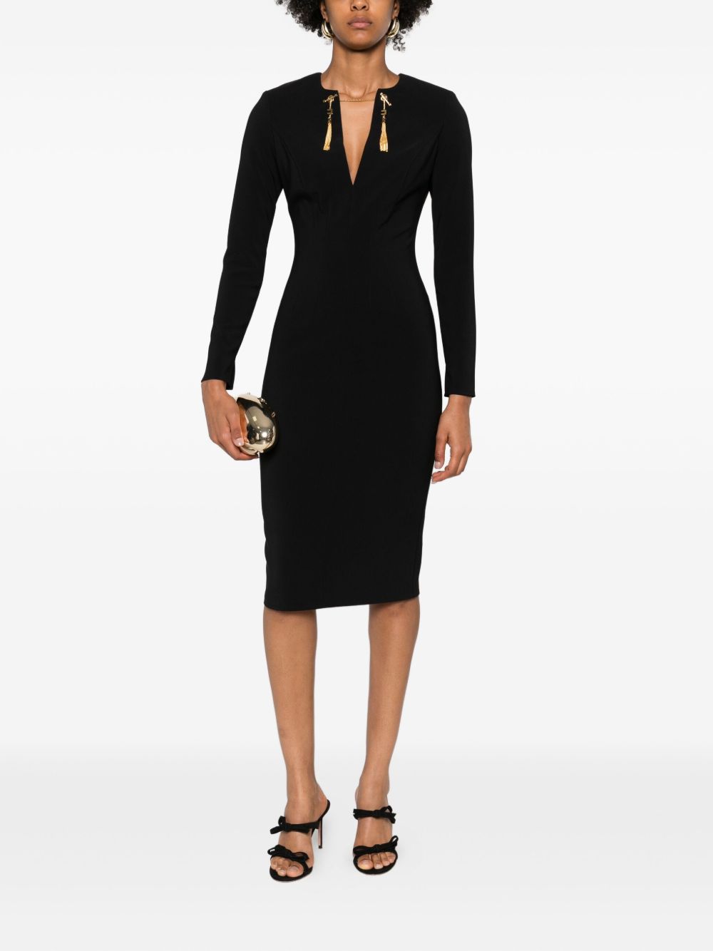 Elisabetta Franchi Long Black Dress with Gold-Tone Embellishments and Long Sleeves Black Black