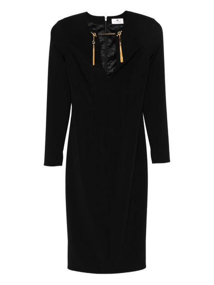 Elisabetta Franchi Long Black Dress with Gold-Tone Embellishments and Long Sleeves Black