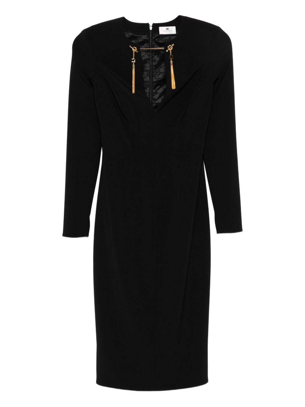 Elisabetta Franchi Long Black Dress with Gold-Tone Embellishments and Long Sleeves Black Black