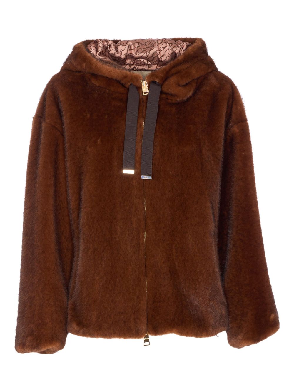 Herno Faux Fur Zip-Up Hooded Brown Coat Brown